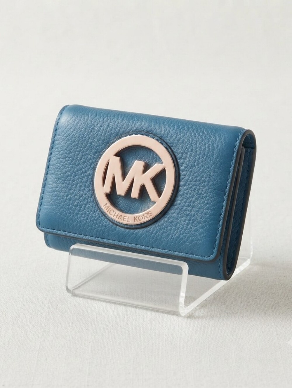 Michael Kors Blue Pebbled Leather Rose Gold MK Logo Flap Card Case Mini Wallet
